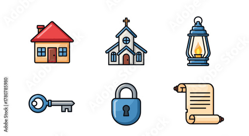 Icons of home, church, lantern, key, lock, and scroll in flat style  