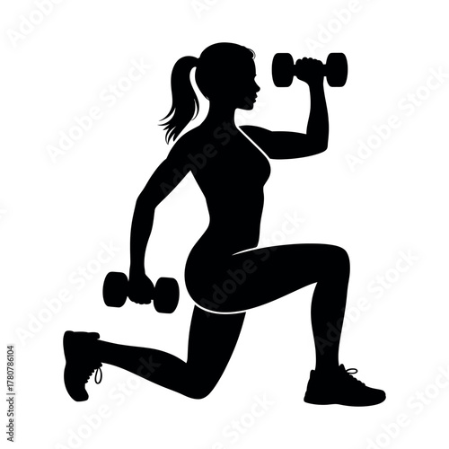 Silhouette of a woman lifting dumbbells. female fitness illustration with ponytail showing strength, exercise, and workout.