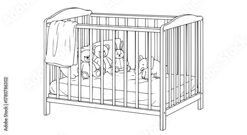 Vector of a baby crib with soft bedding and stuffed animals, clean line art.