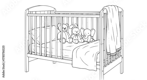 Vector of a baby crib with soft bedding and stuffed animals, clean line art.