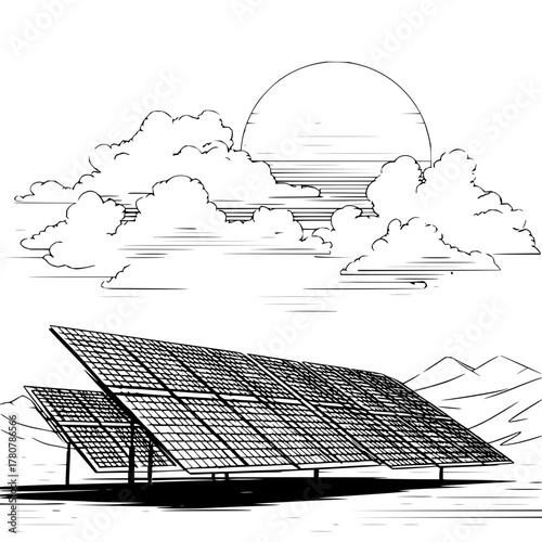 Solar panels under cloudy sky and sun illustration depicting renewable energy and sustainable technology use