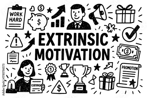 Extrinsic motivation doodle with rewards, success, and achievement icons, Transparent Background