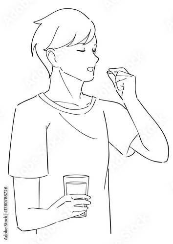 サプリを飲む男性の白黒イラスト