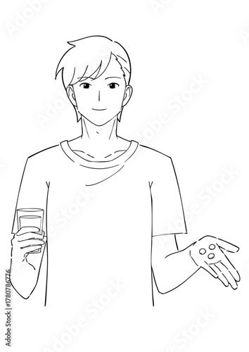 サプリを飲む男性の白黒イラスト