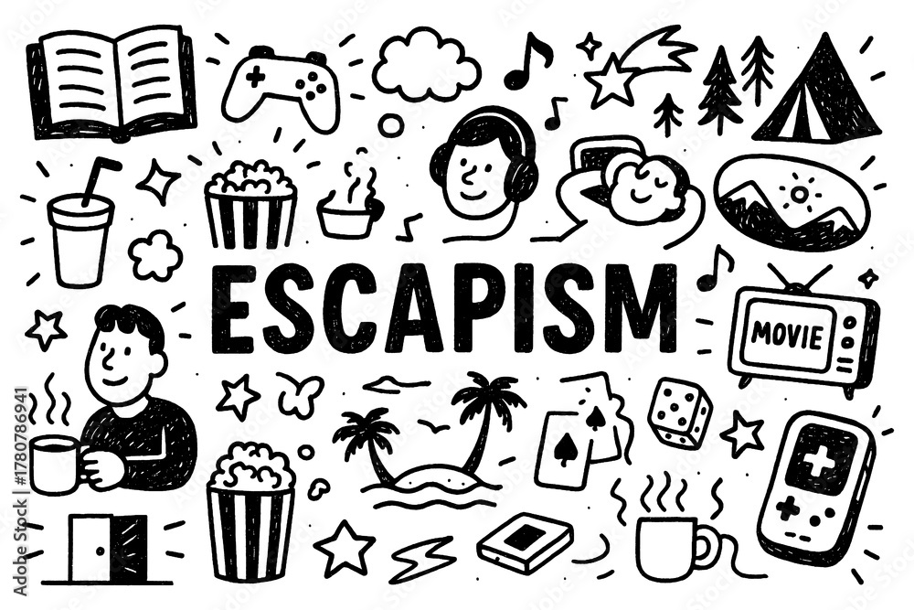 Fototapeta premium Escapism doodle composition with people relaxing, games, music, and books, Transparent Background
