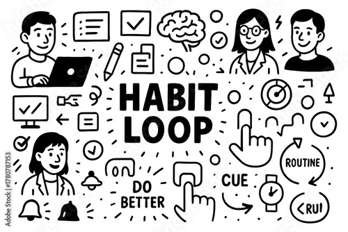 Habit loop psychology concept with cue, routine, and reward cycle symbols in black and white doodle style, Transparent Background