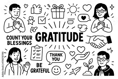 Fotografie Gratitude doodle with thankful people, positive mindset, and appreciation symbol