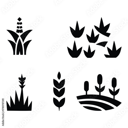 Clean farming and agriculture icons featuring crops, wheat, farmland landscape, and nature elements.