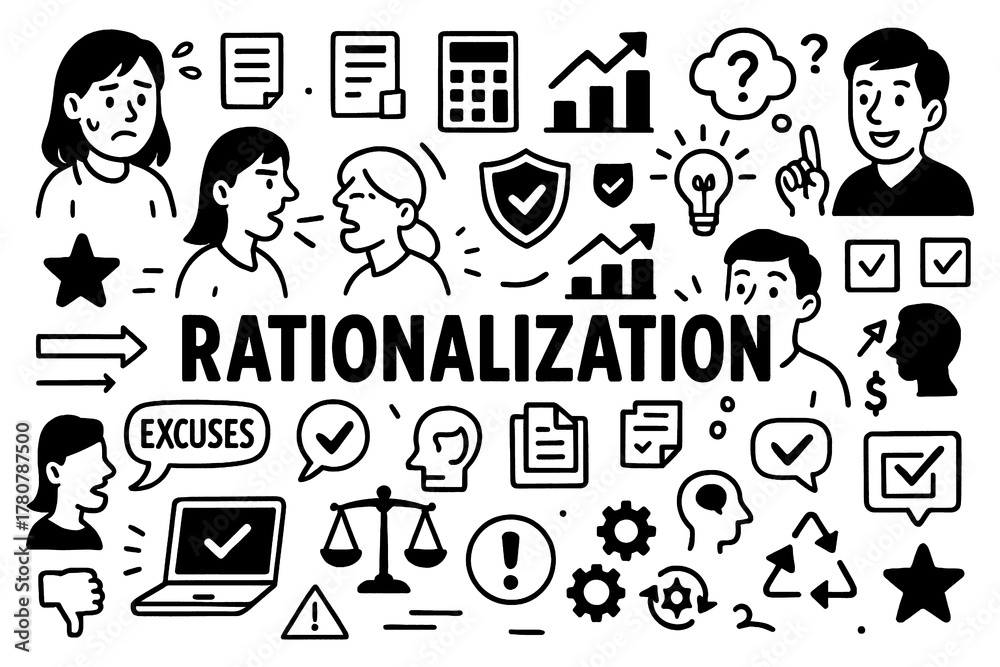 Fototapeta premium Rationalization psychology concept with excuses and logical justification symbols in black and white doodle style, Transparent Background