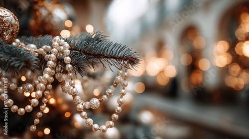 Charming Christmas tree close-up with pearl garlands and glowing festive lights