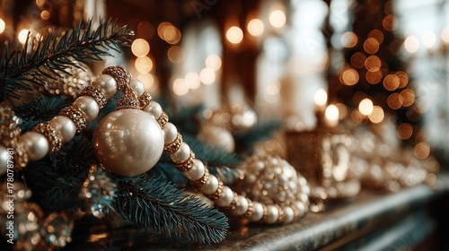 Charming Christmas tree close-up with pearl garlands and glowing festive lights