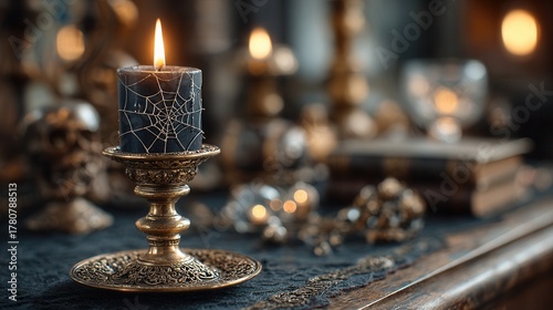 Dark moody Halloween still life with twisted black candle and warm glowing light