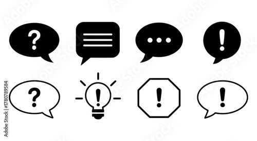Speech bubble, question answer, idea solution, warning alert, information, communication, dialogue conversation message notification symbol icon vector