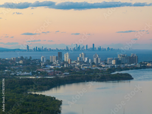 Aerial views of the Tweed Heads and Coolangatta coastline from Fingal Head and Gold Coast skyline in the background