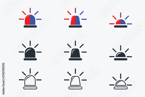 Set of flat vector icons of police and emergency sirens in various colors, suitable for warning symbols, app interfaces or safety related designs.