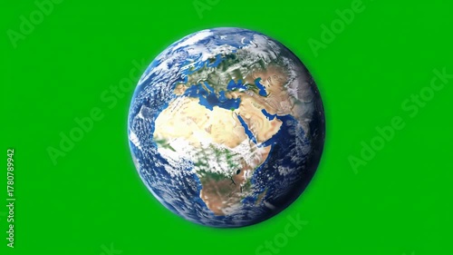 Highly detailed, photorealistic 3D Earth slowly rotates, showing day-to-night transition and volumetric clouds, isolated on vibrant chroma key green screen. Concept for global data and visualization