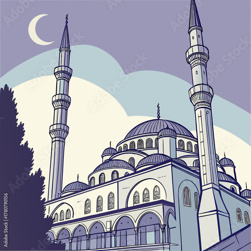 A majestic mosque with multiple domes and tall minarets stands against a twilight sky with a crescent moon and soft clouds