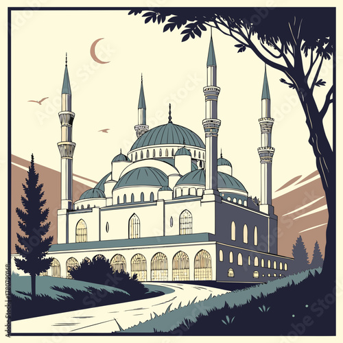 A majestic mosque with multiple domes and minarets stands proudly under a crescent moon and birds in flight