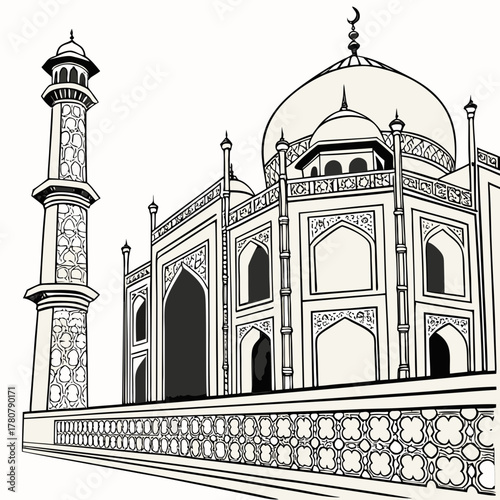 Stylized black and white line art illustration of the iconic taj mahal monument in agra india