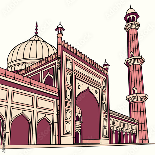 Illustration of the jama masjid mosque in delhi india with its iconic dome and tall minaret against a white background