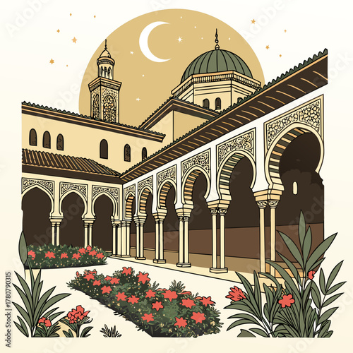 A serene courtyard with horseshoe arches and intricate tile work under a crescent moon and starry sky