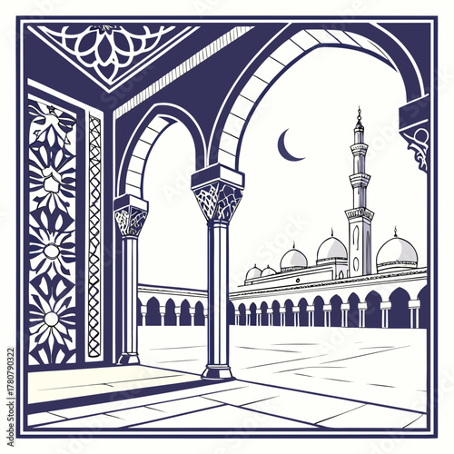 Elegant islamic architectural illustration showcasing a mosque courtyard with arches columns and a crescent moon in the sky