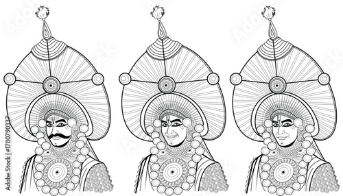 Yakshagana Traditional Performance Faces, Yakshagana Characters Portraits, Yakshagana is a traditional stage performance, Hand drawn line style vector illustrations