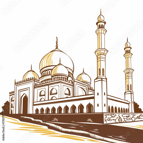 Elegant illustration of a grand mosque with multiple domes and tall minarets against a white background
