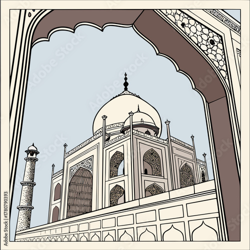 View of the iconic taj mahal mausoleum framed by a grand archway with intricate architectural details and a clear sky
