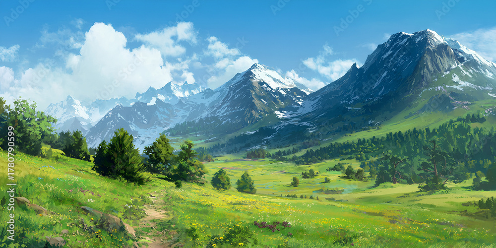 Fototapeta premium Peaceful Valley Beneath the Peaks