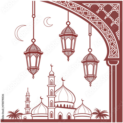 Islamic mosque with crescent moons and ornate hanging lanterns under an arched gateway