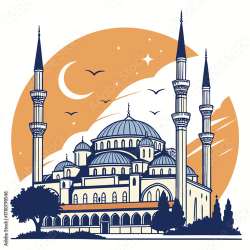 Stylized illustration of a grand mosque with multiple domes and minarets against a warm orange sky with a crescent moon and stars