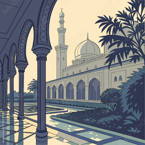 Tranquil islamic architectural scene featuring a mosque with a dome and minaret viewed through a colonnade with lush greenery and water features