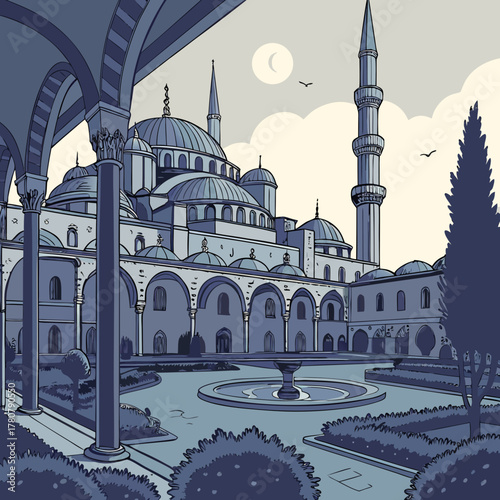 Artistic illustration of a grand mosque with multiple domes and minarets in a courtyard with a fountain and trees