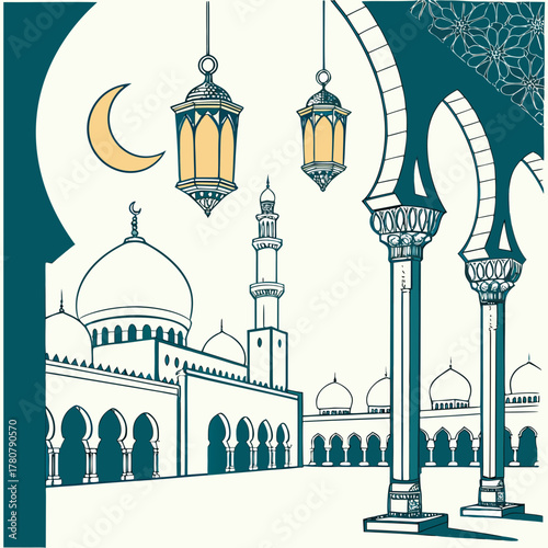 Traditional islamic architecture featuring a mosque with domes and minarets illuminated by hanging lanterns and a crescent moon