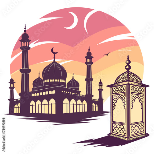 Silhouette of a grand mosque with minarets and domes against a colorful sunset sky with a crescent moon and a traditional lantern