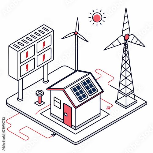 Modern home powered by renewable energy sources including solar panels and wind turbines with a large display screen