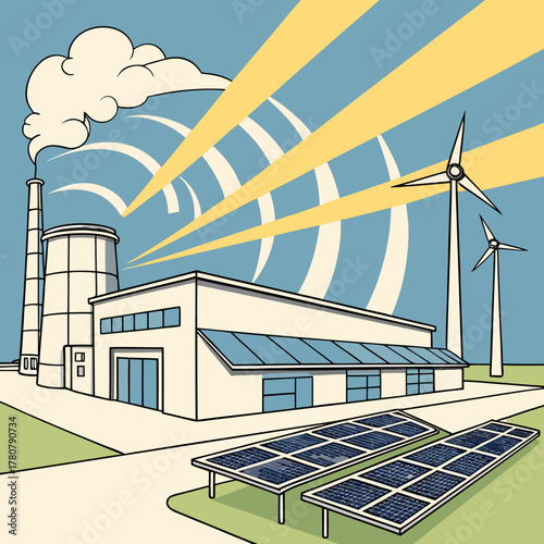 Illustration depicting a modern power plant with wind turbines and solar panels generating clean energy