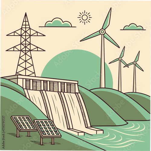 Illustration of renewable energy sources including a hydroelectric dam wind turbines and solar panels powering a city