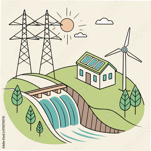 Sustainable energy sources including solar panels wind turbine and hydroelectric dam powering a small village