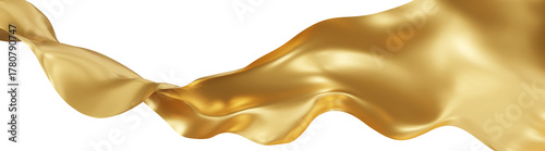 Flying golden silk textile fabric flag background. Smooth elegant gold Satin Isolated on white Background for grand opening ceremony. Golden curtain. 3d png illustration