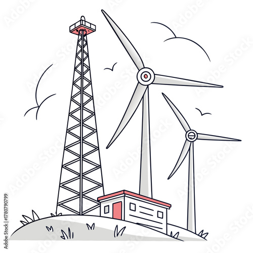 Modern wind turbines and a tall transmission tower on a grassy hill under a cloudy sky with birds flying