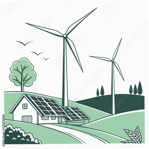Sustainable rural landscape with a house featuring solar panels and wind turbines generating clean energy