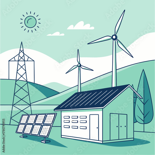 Modern sustainable house powered by solar panels and wind turbines in a green landscape under a sunny sky