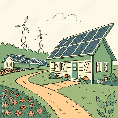 Sustainable living with solar panels on houses and wind turbines generating clean energy in a green landscape