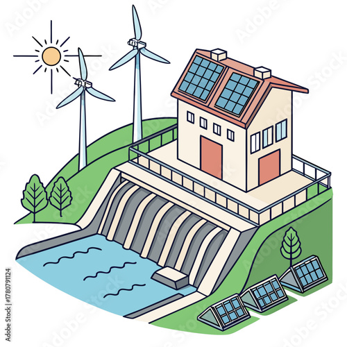 Illustration of a sustainable energy system featuring a house with solar panels wind turbines and a hydroelectric dam