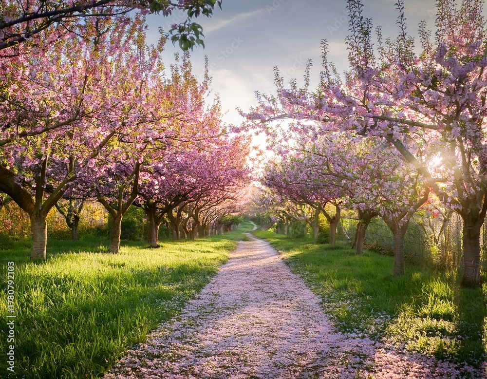 Naklejka premium a pathway through a lush orchard where pink blossoms canopy the trail sprinkling petals on the verdant grass below sunlight filters through the foliage serene walkway inviting a peaceful stroll