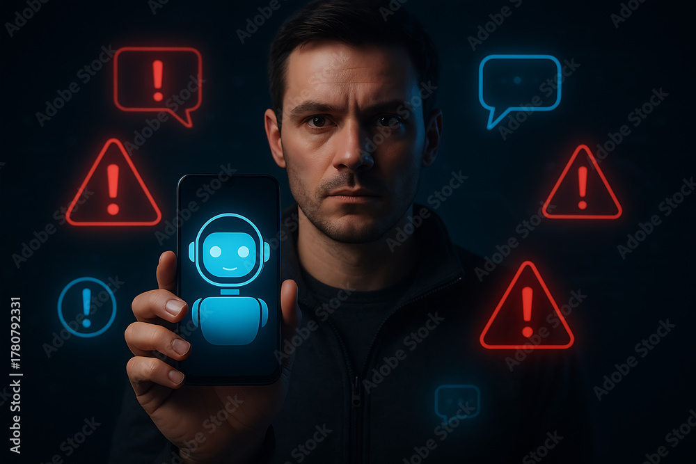 Face man and system alert in digital communication environment showing error, warning, and cybersecurity risk icons, highlighting potential data breach and smart automation failure in modern networks (Generated with AI) - Adobe Stock Face man and system alert in digital communication environment showing error, warning, and cybersecurity risk icons, highlighting potential data breach and smart automation failure in modern networks (Generated with AI) - Adobe Stock