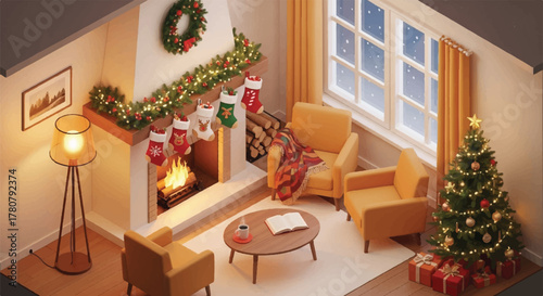Cozy Christmas Retreat: An inviting, festive living room scene is set for Christmas, featuring a lit fireplace with stockings, a decorated tree, and warm inviting seats.