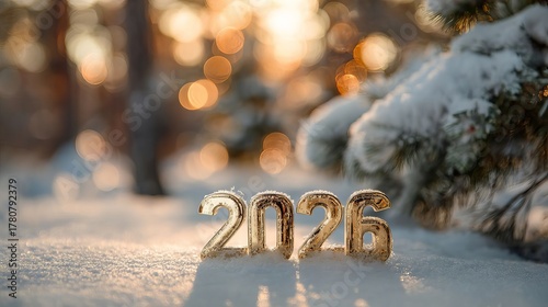 Golden 2026 numbers in fresh snow. New Year decoration idea for happy Christmas and celebration of winter holidays.